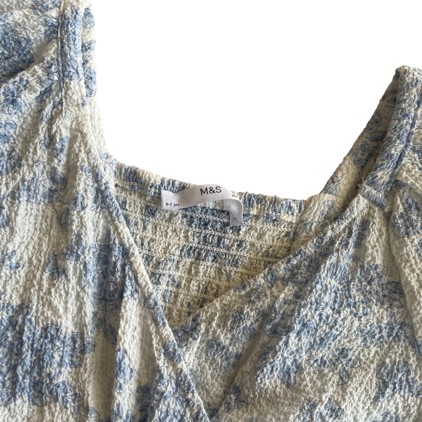 M&S dress 6-7 years white and blue puff sleeve empire waist