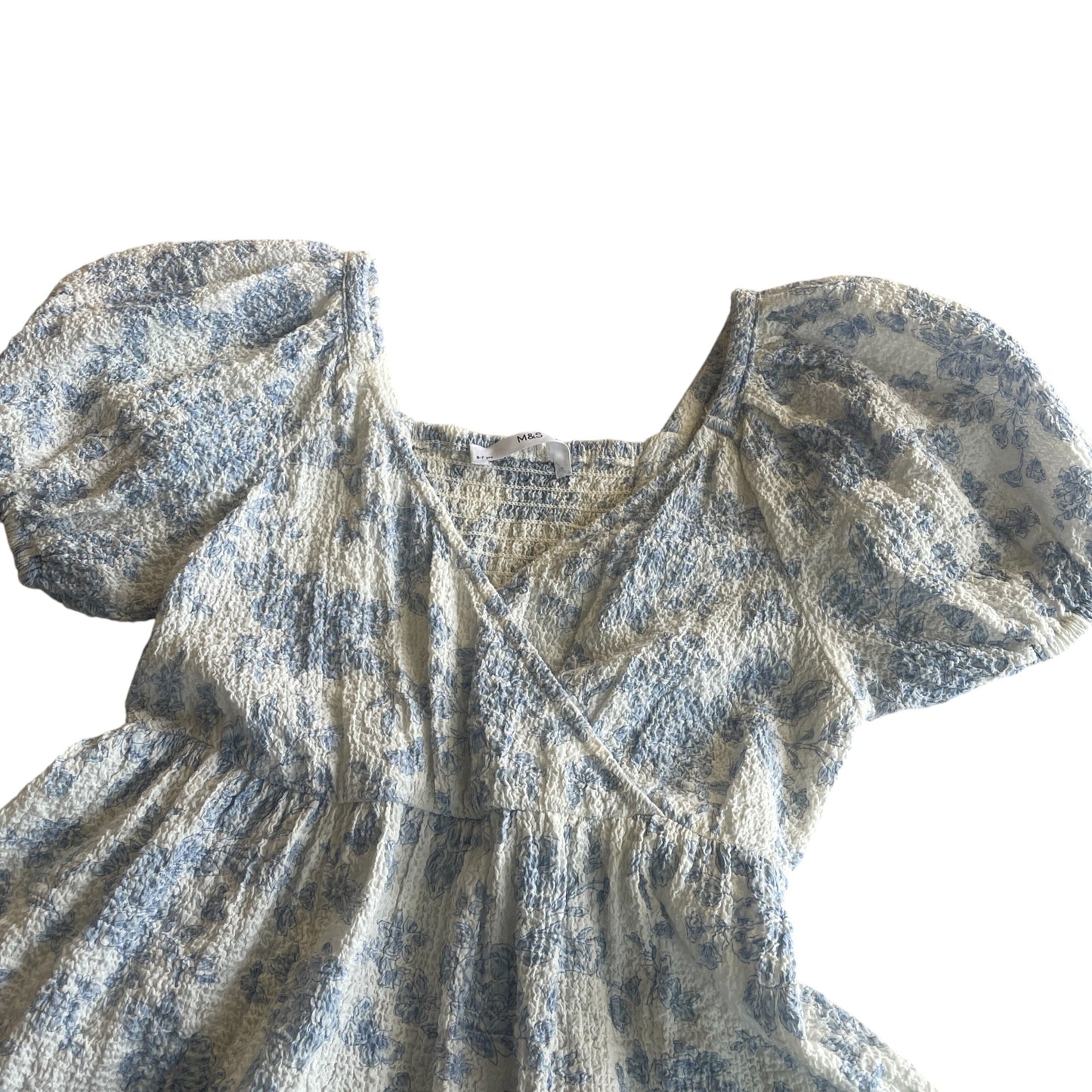 M&S dress 6-7 years white and blue puff sleeve empire waist