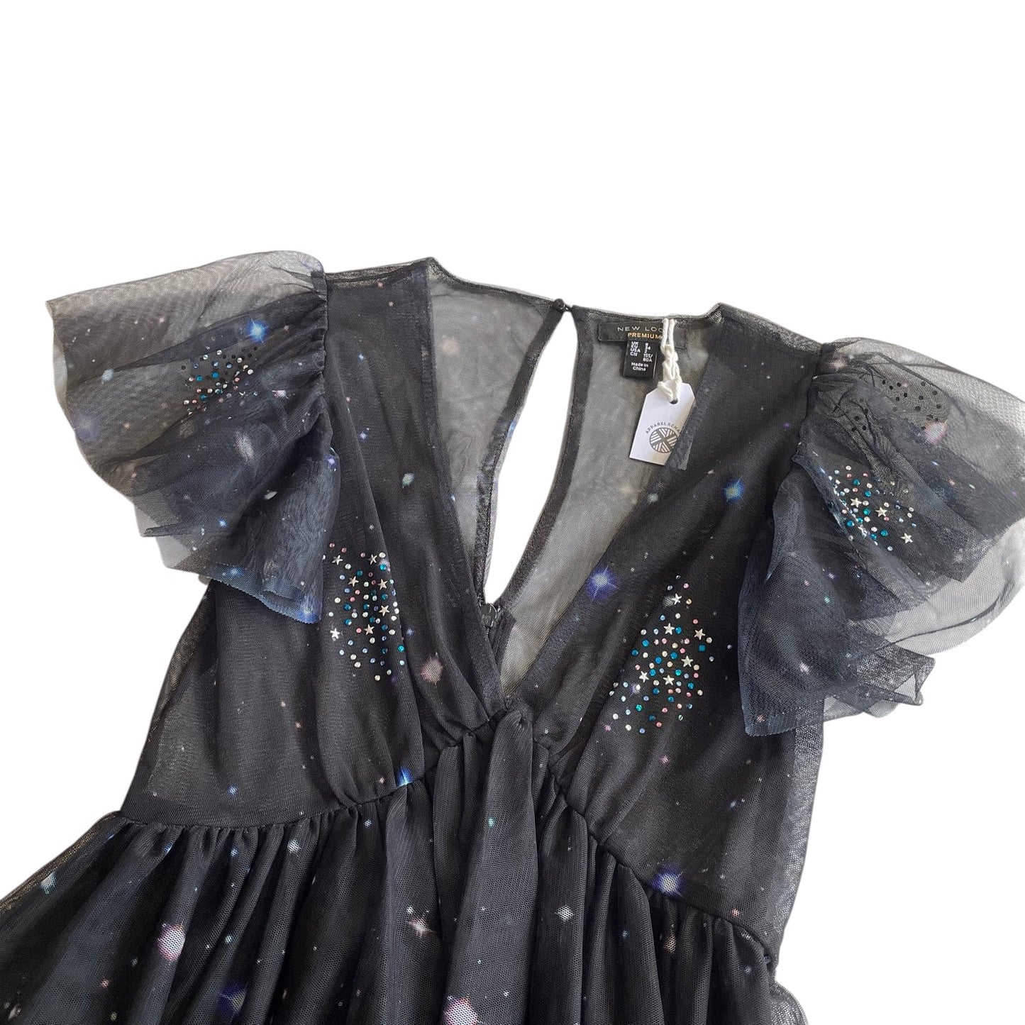 New Look dress women's size 6 black celestial mesh with sequins