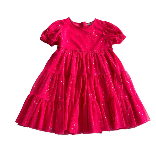 M&S dress 5-6 years bright pink mesh layered with sparkly stars