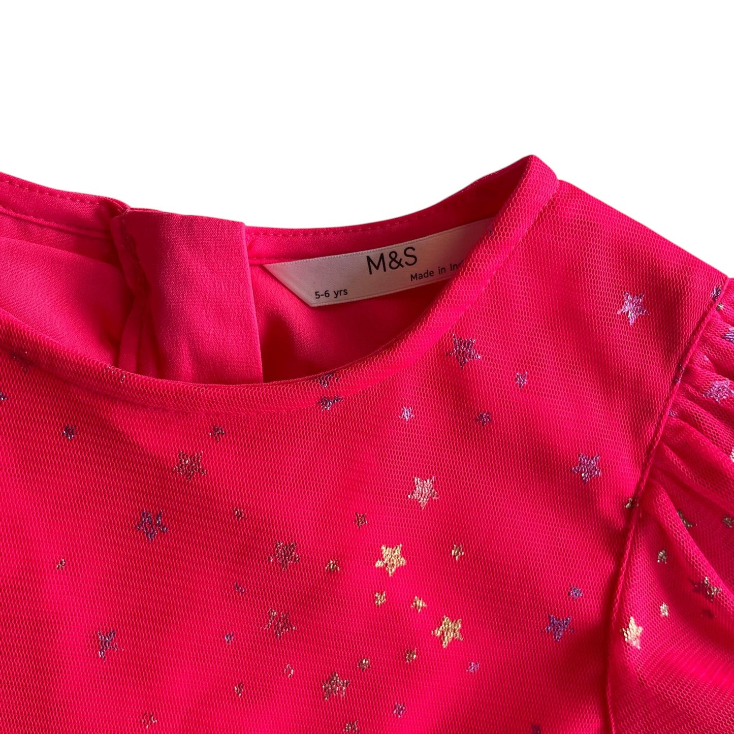 M&S dress 5-6 years bright pink mesh layered with sparkly stars