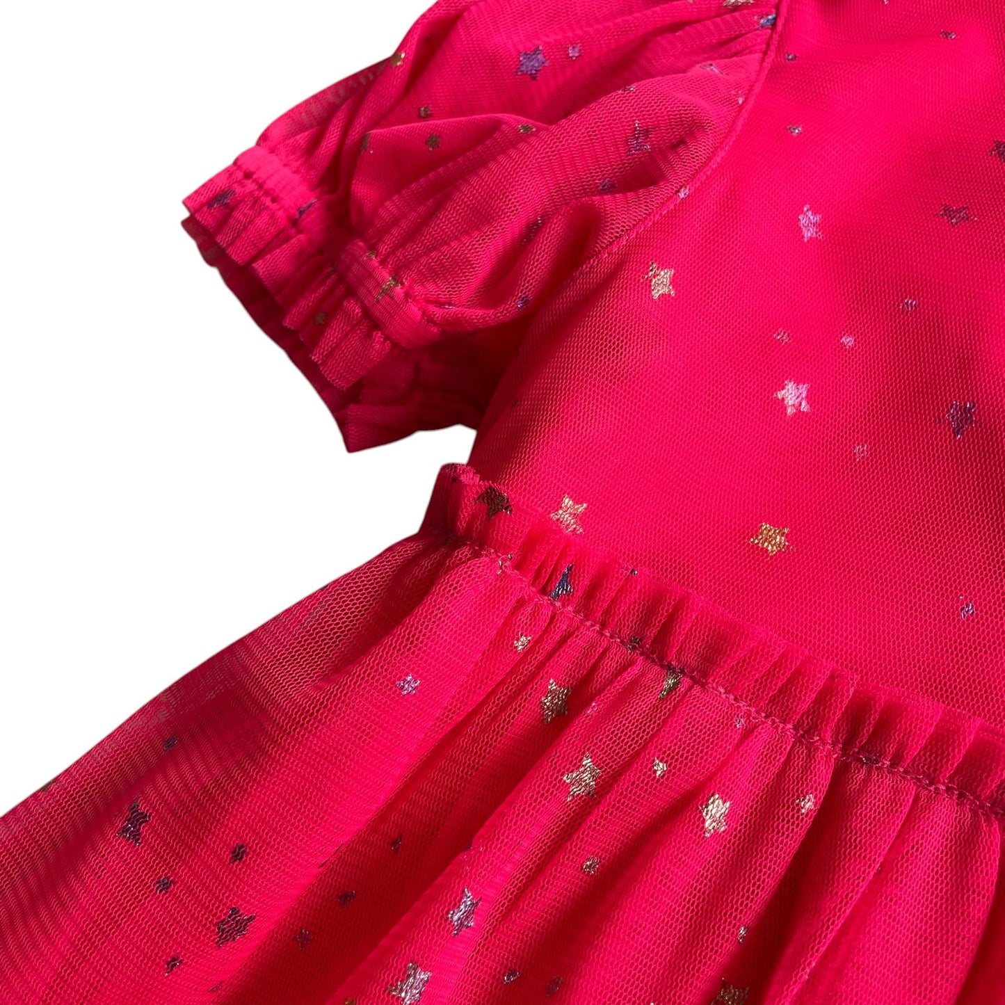 M&S dress 5-6 years bright pink mesh layered with sparkly stars