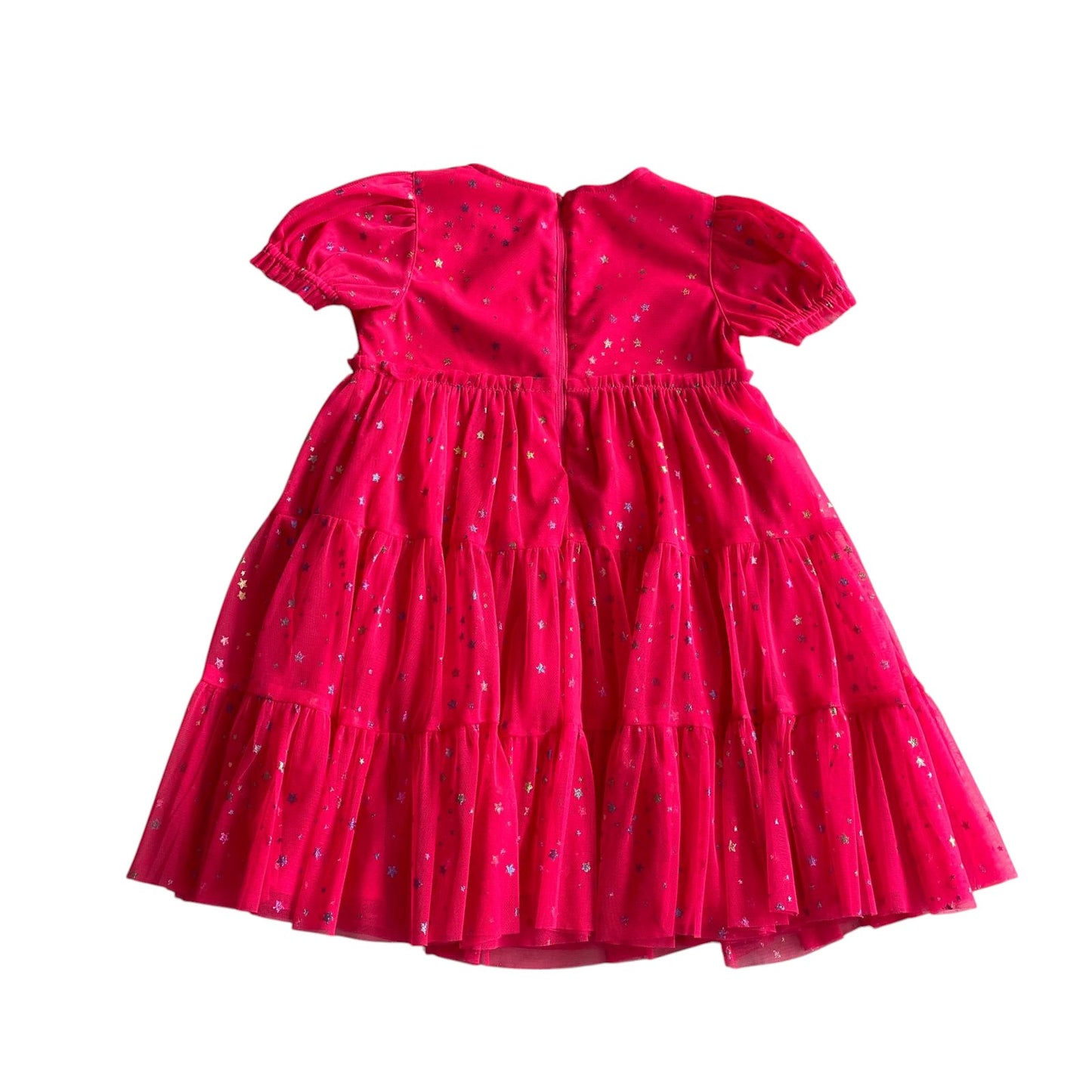 M&S dress 5-6 years bright pink mesh layered with sparkly stars