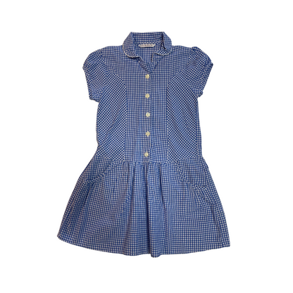 Blue gingham drop waist with buttons school summer dress