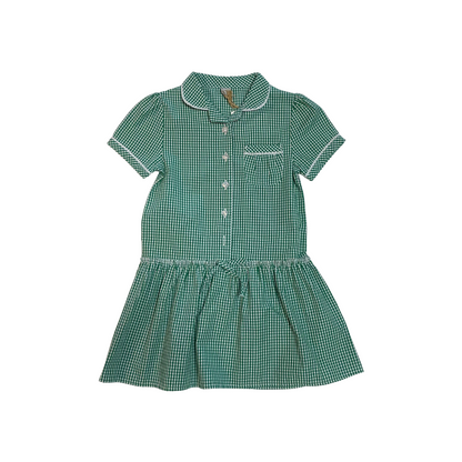Green gingham drop waist with buttons school summer dress