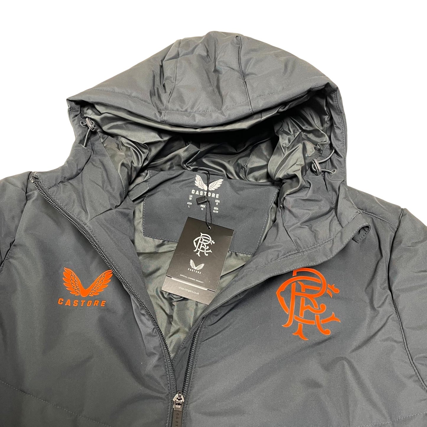 Castore Rangers FC Coaches Long Training Bench Jacket men's size S grey and orange parka
