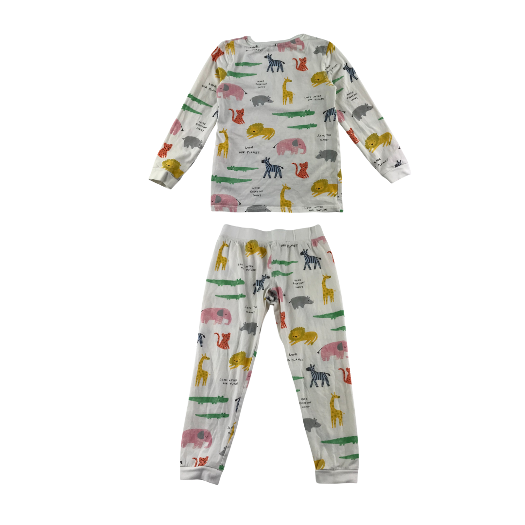 M&S pyjama set 5-6 years white and multicolour animals print long sleeve