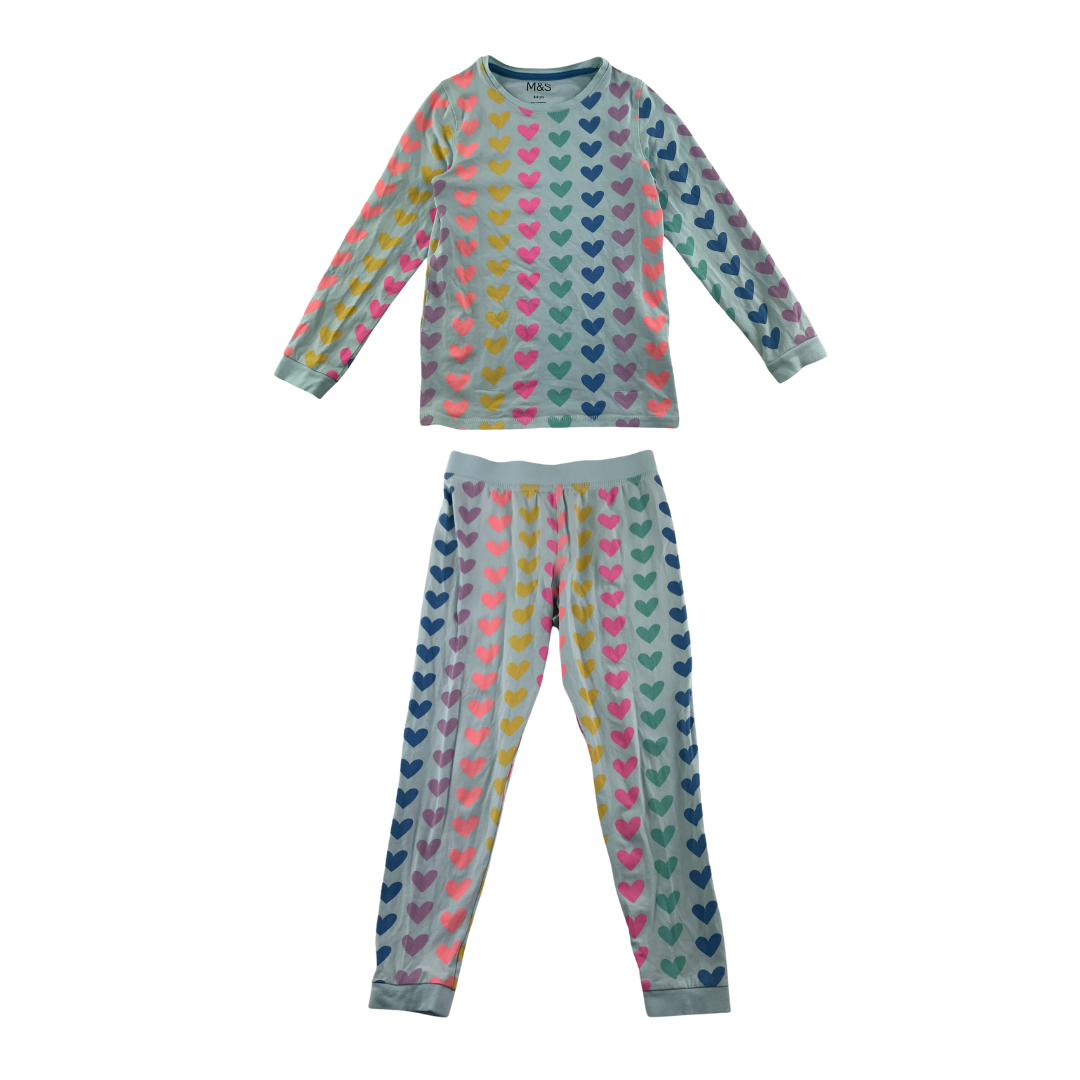 M&S pyjama set 5-6 years light blue with multicolour love hearts