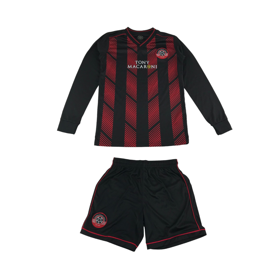 Giffnock Soccer Centre Football Kit Age 11-13 Red black strip and shorts