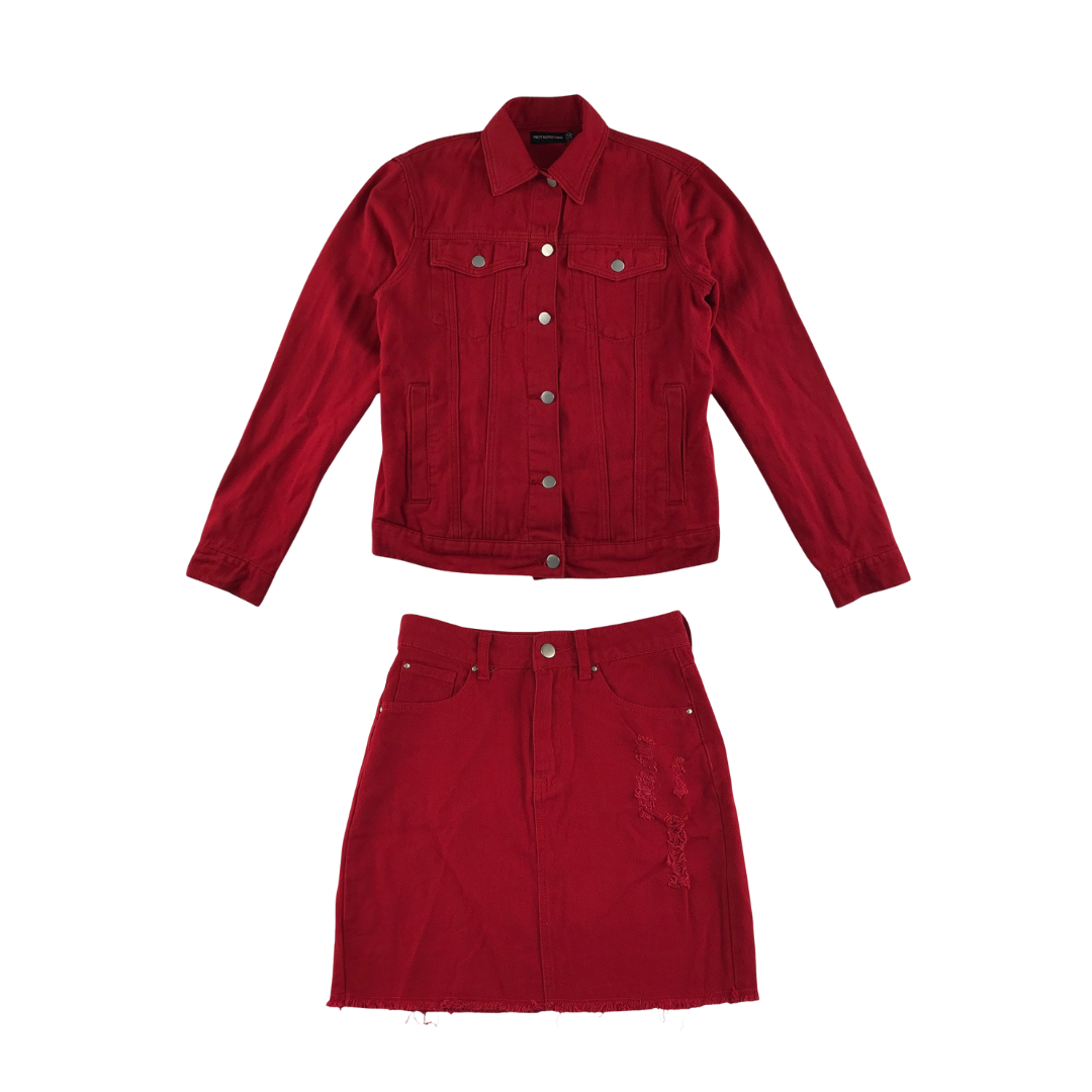 Pretty Little Thing Denim jacket and skirt set women size UK 4 red cotton