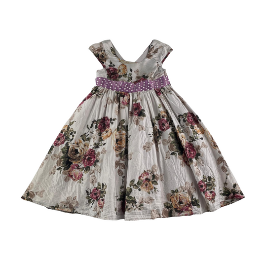 Monsoon dress 4-5 years light grey with large rose print pattern and canvas bowtie belt