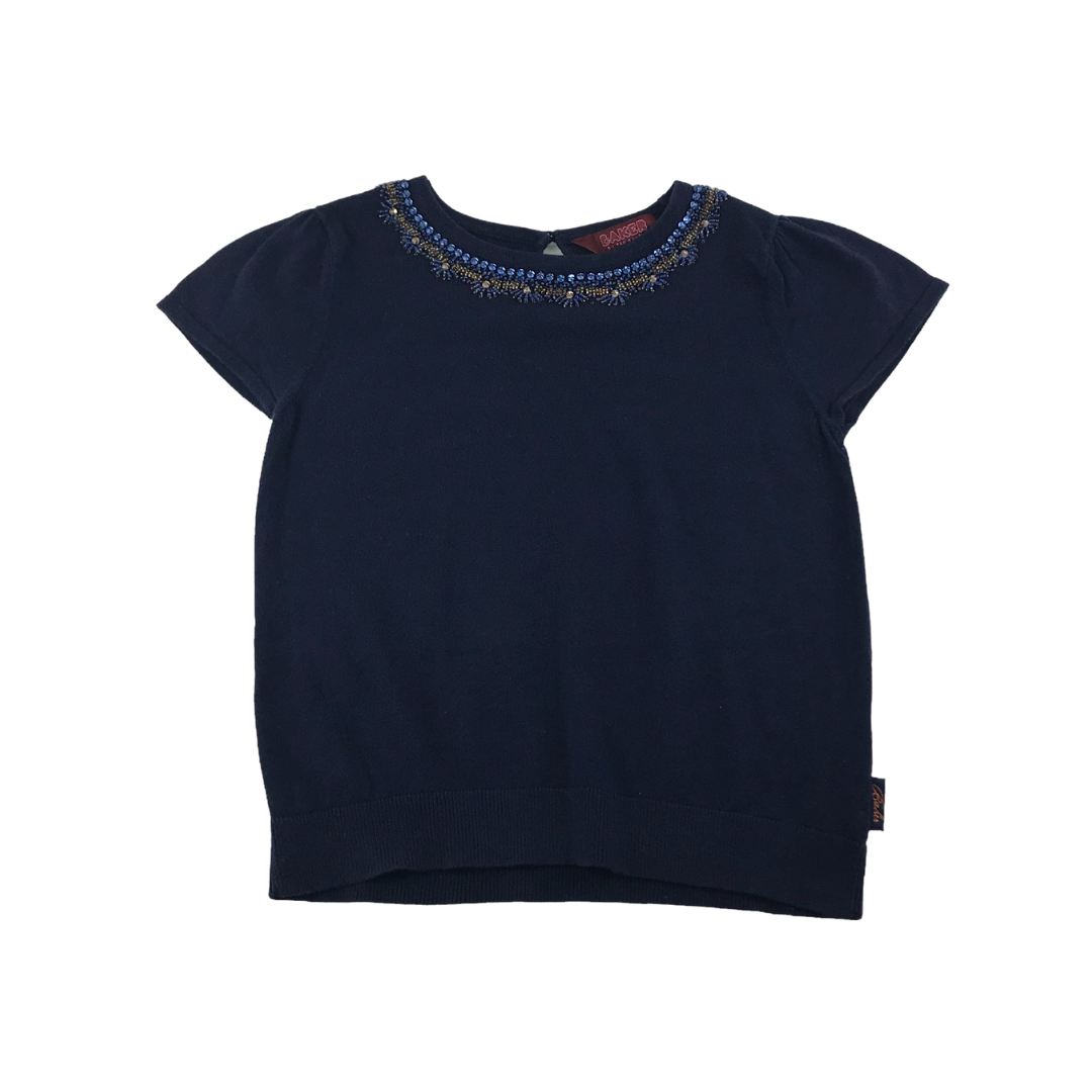 Ted Baker Blouse Age 8 Navy Blue Short Sleeve Decorated Neckline Cotton