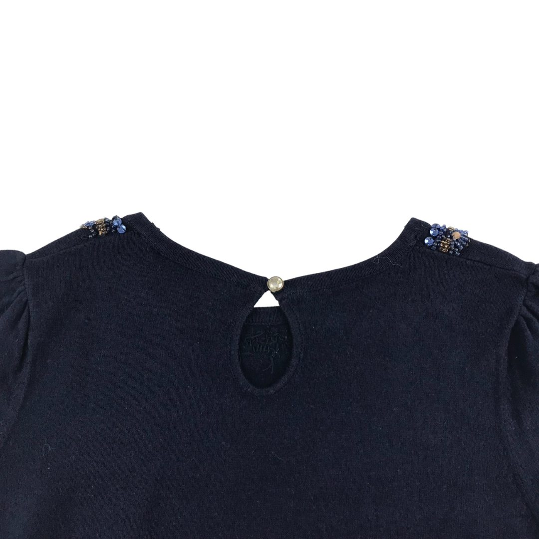 Ted Baker Blouse Age 8 Navy Blue Short Sleeve Decorated Neckline Cotton