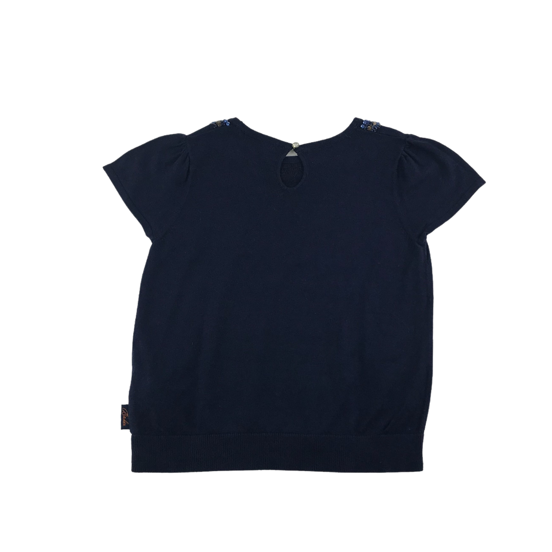 Ted Baker Blouse Age 8 Navy Blue Short Sleeve Decorated Neckline Cotton