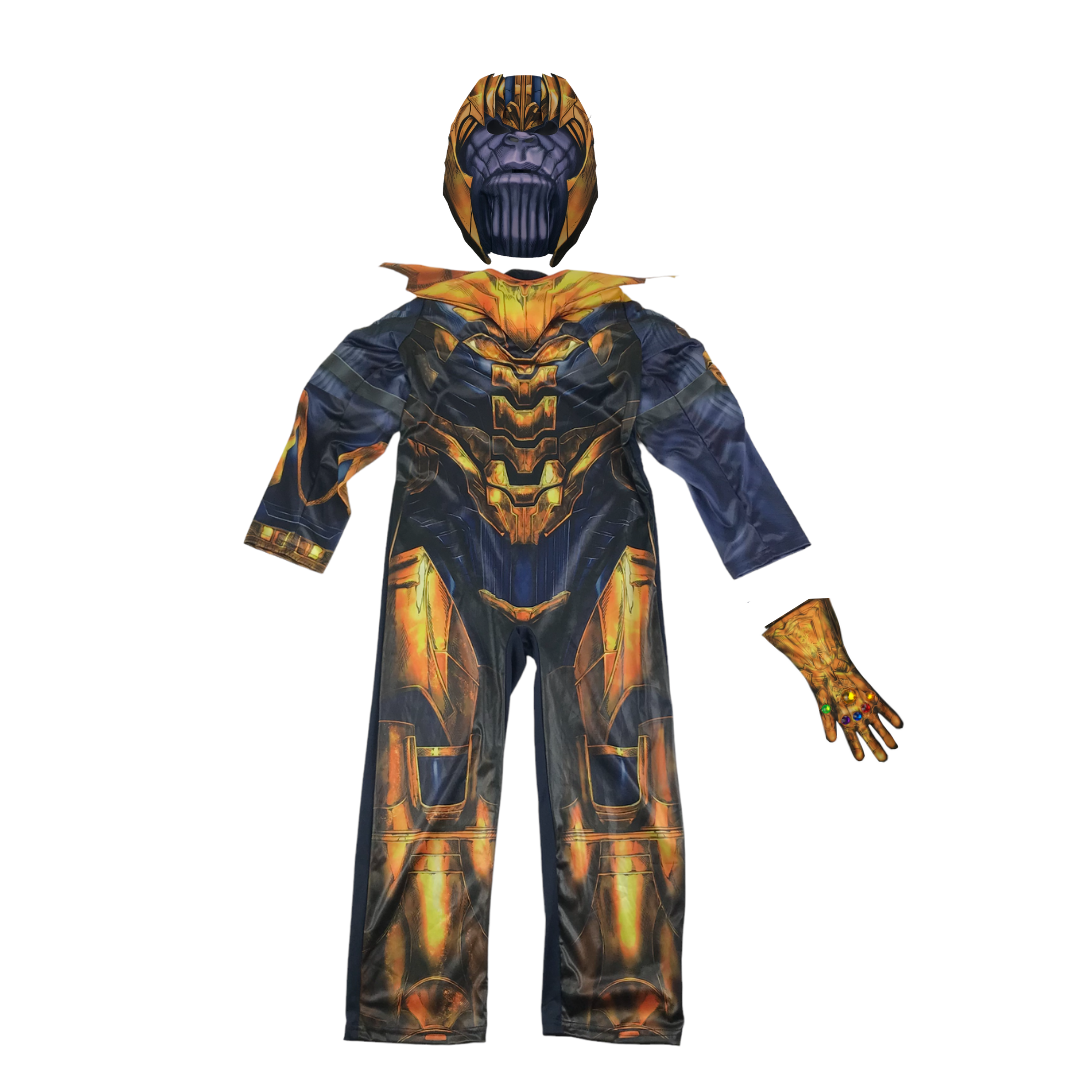 George Thanos Costume Age 7-8 Golden and Blue Onesie Glove and Mask