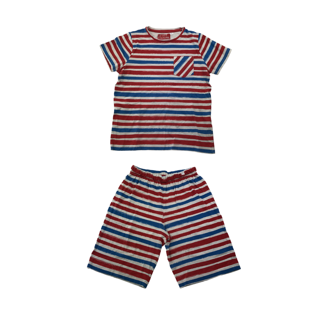 M&S Red and Blue Stripy Cotton Pyjama Set Age 9