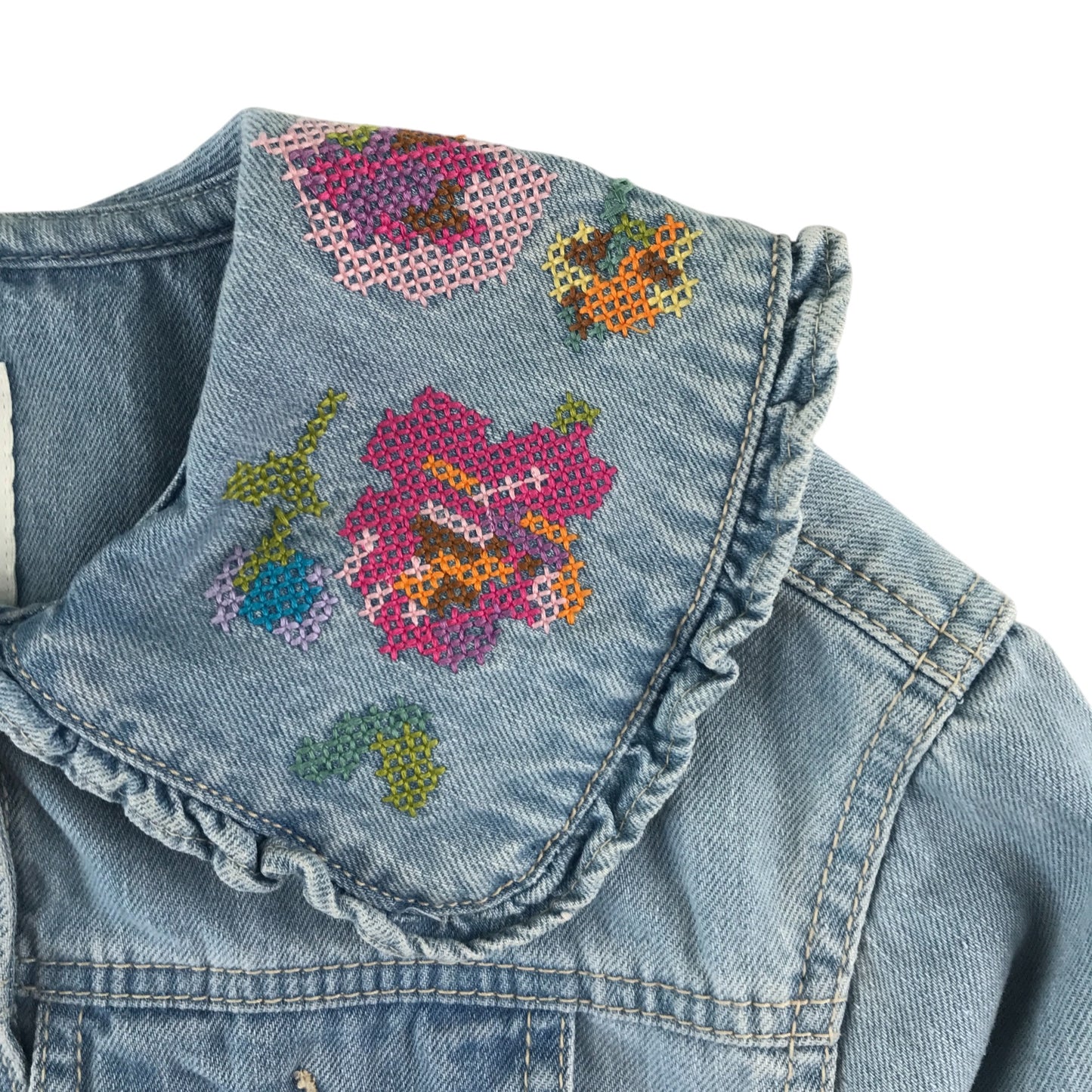 Next denim jacket 7-8 years blue long sleeve with flower embroidery detail cotton
