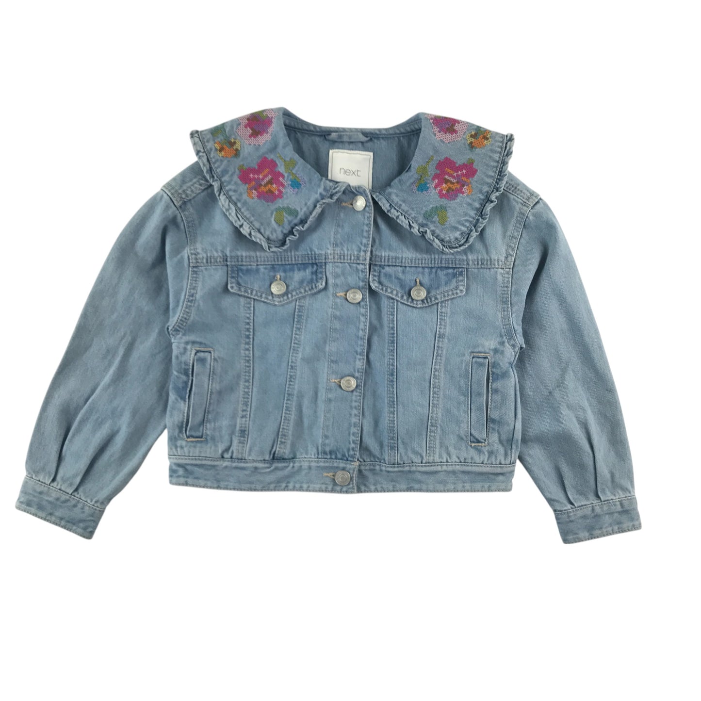Next denim jacket 7-8 years blue long sleeve with flower embroidery detail cotton