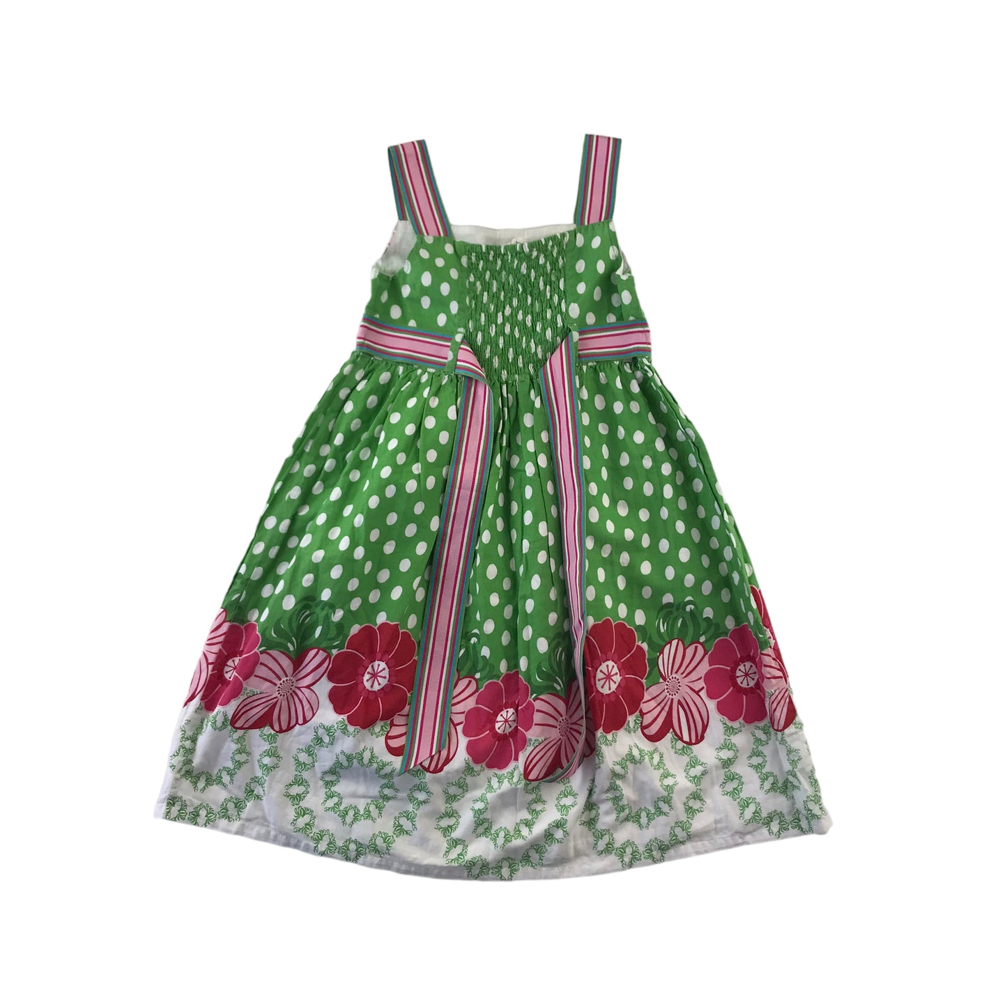 John Lewis Dress Age 7 Green Polka and Floral Cotton