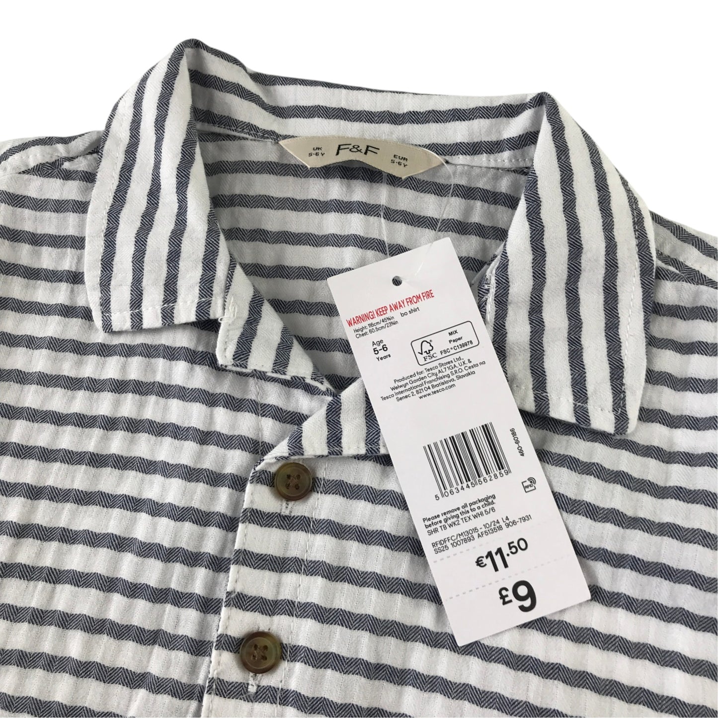 F&F 5-6 years white blue striped shirt cotton elastane