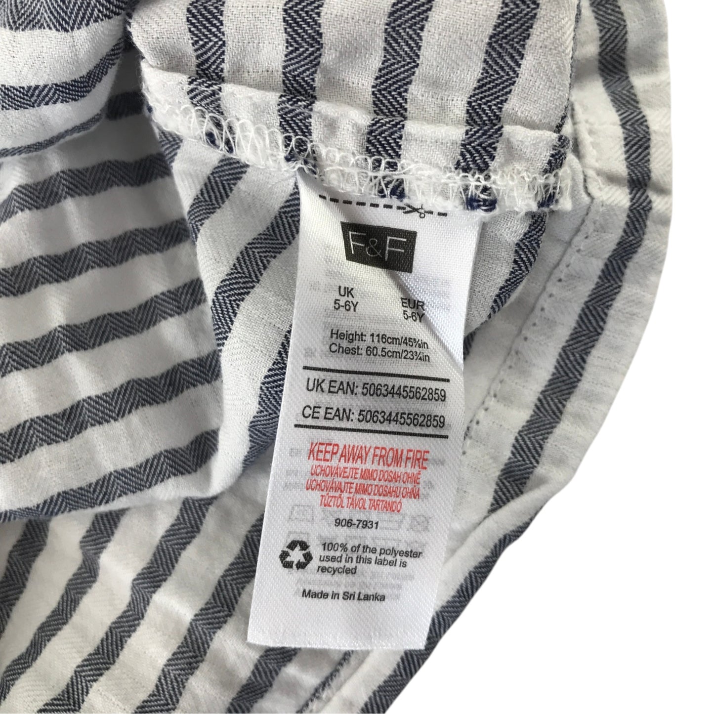 F&F 5-6 years white blue striped shirt cotton elastane