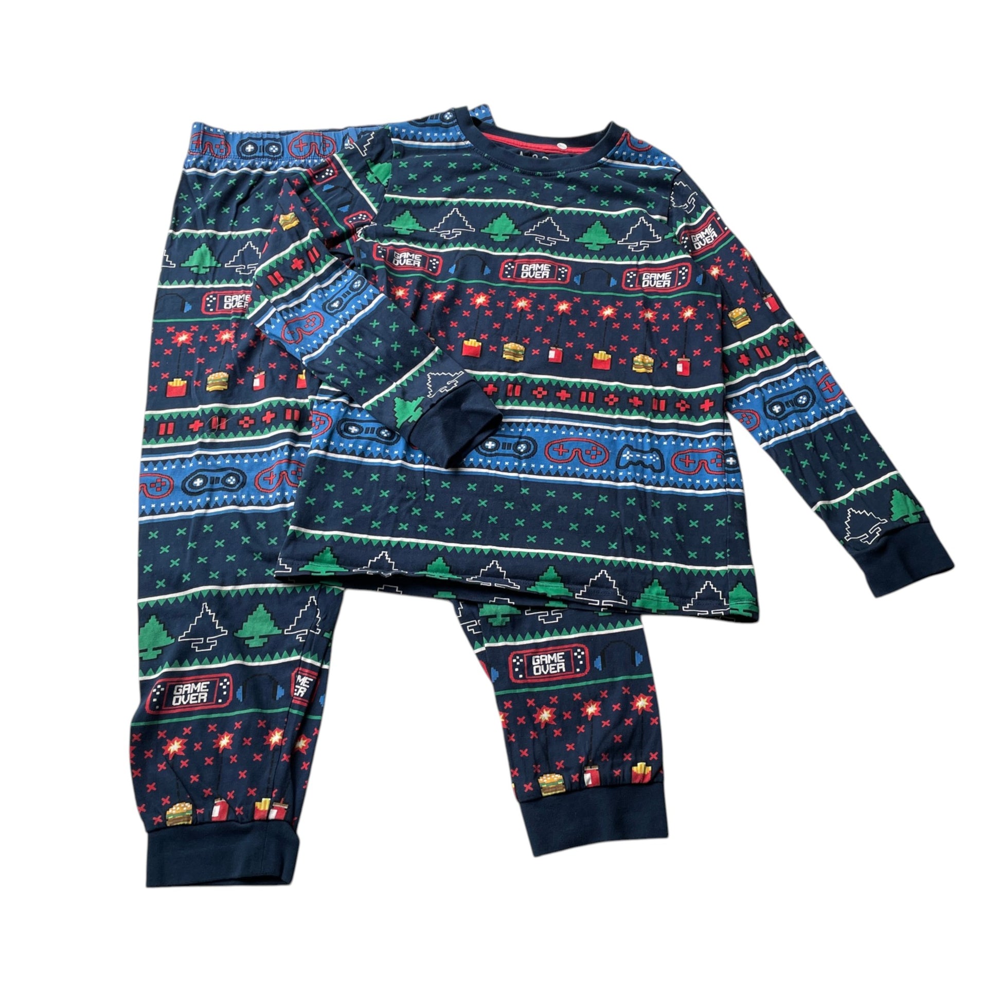 F&F 7-8 years navy blue Christmas pyjama set polyester elastane