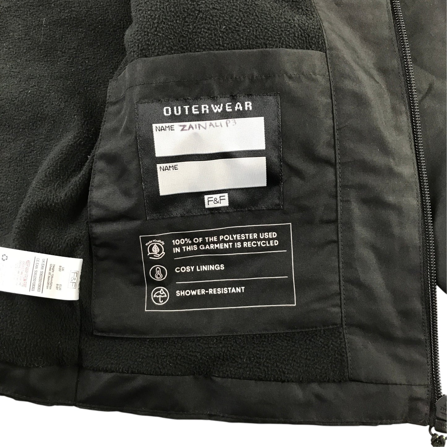 F&F 8-9 years black jacket fleece lined showerproof polyester