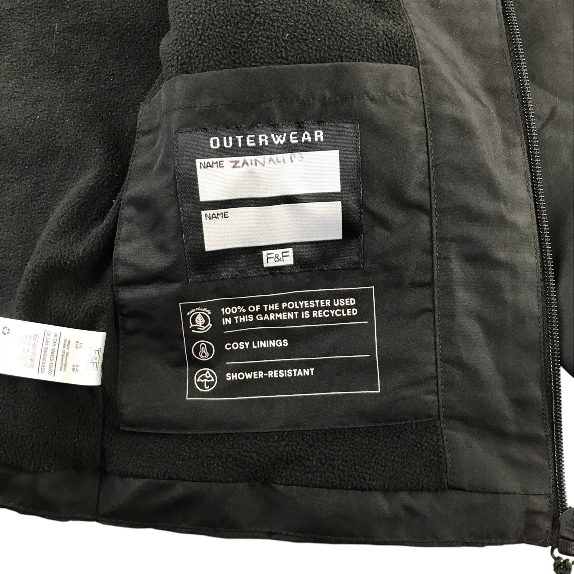 F&F 8-9 years black jacket fleece lined showerproof polyester