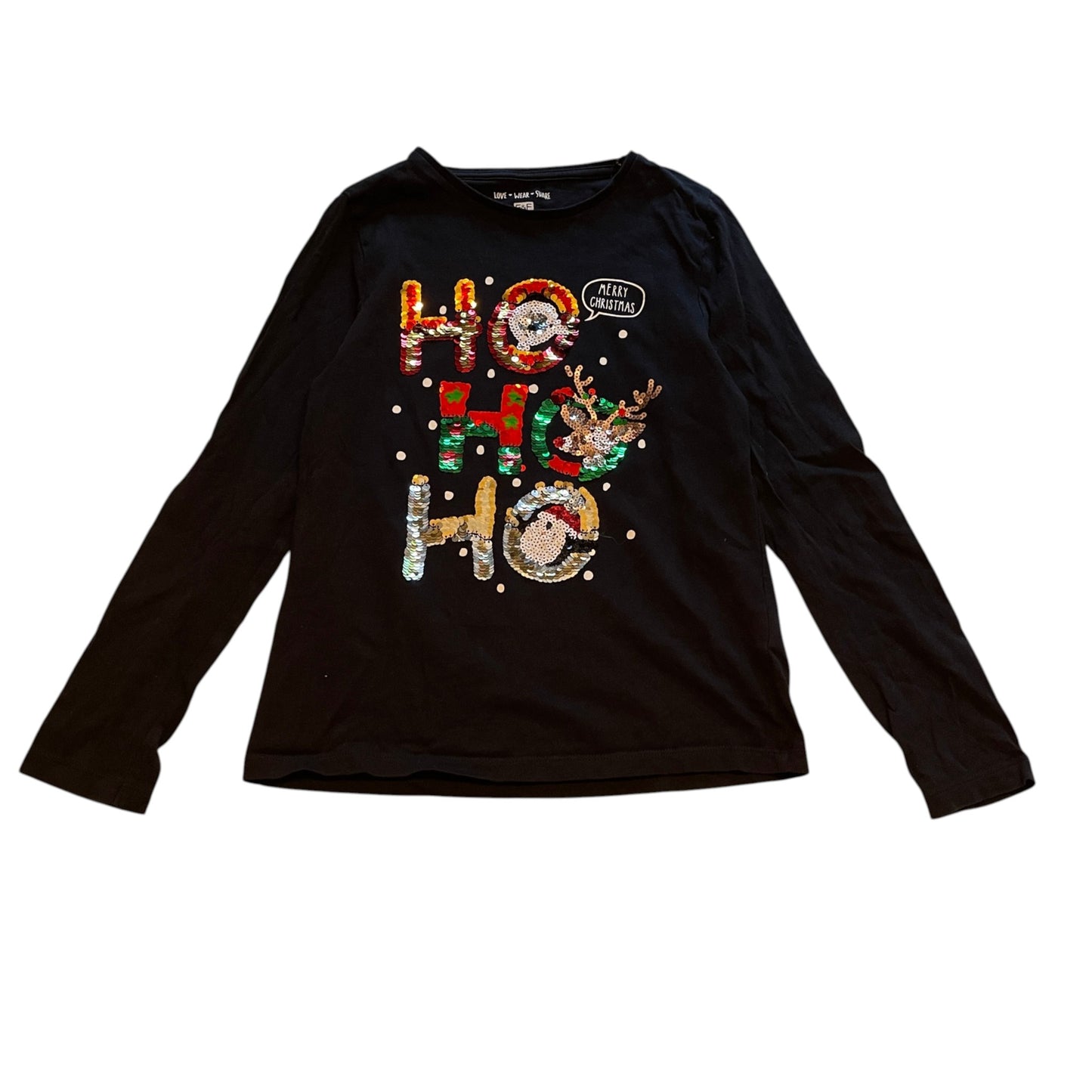 F&F 9-10 years navy blue t-shirt Christmas sequin Ho Ho Ho cotton