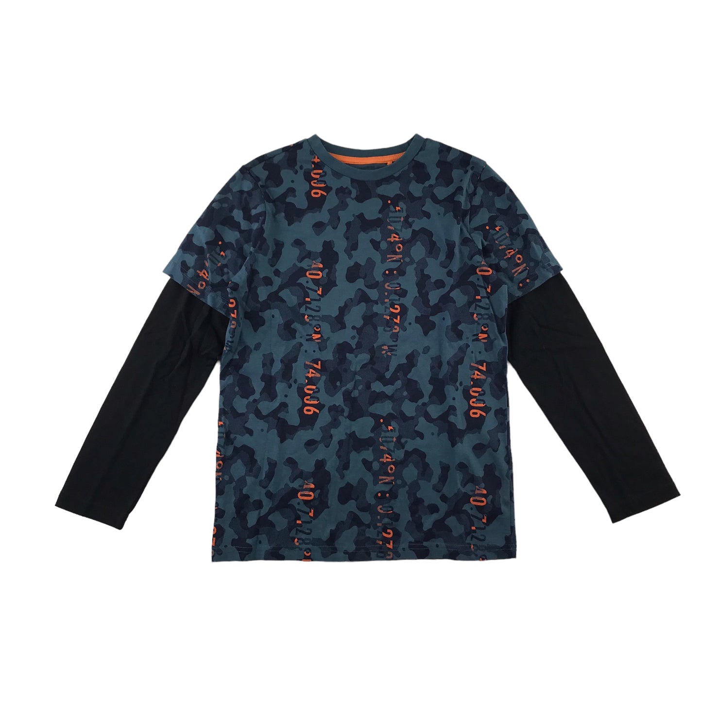 F&F t-shirt 9-10 years navy blue camo pattern long sleeve cotton