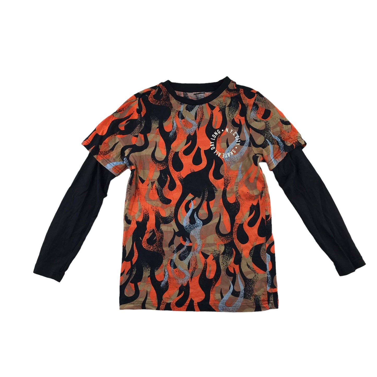 F&F t-shirt 9-10 years orange and black flame pattern long sleeve cotton