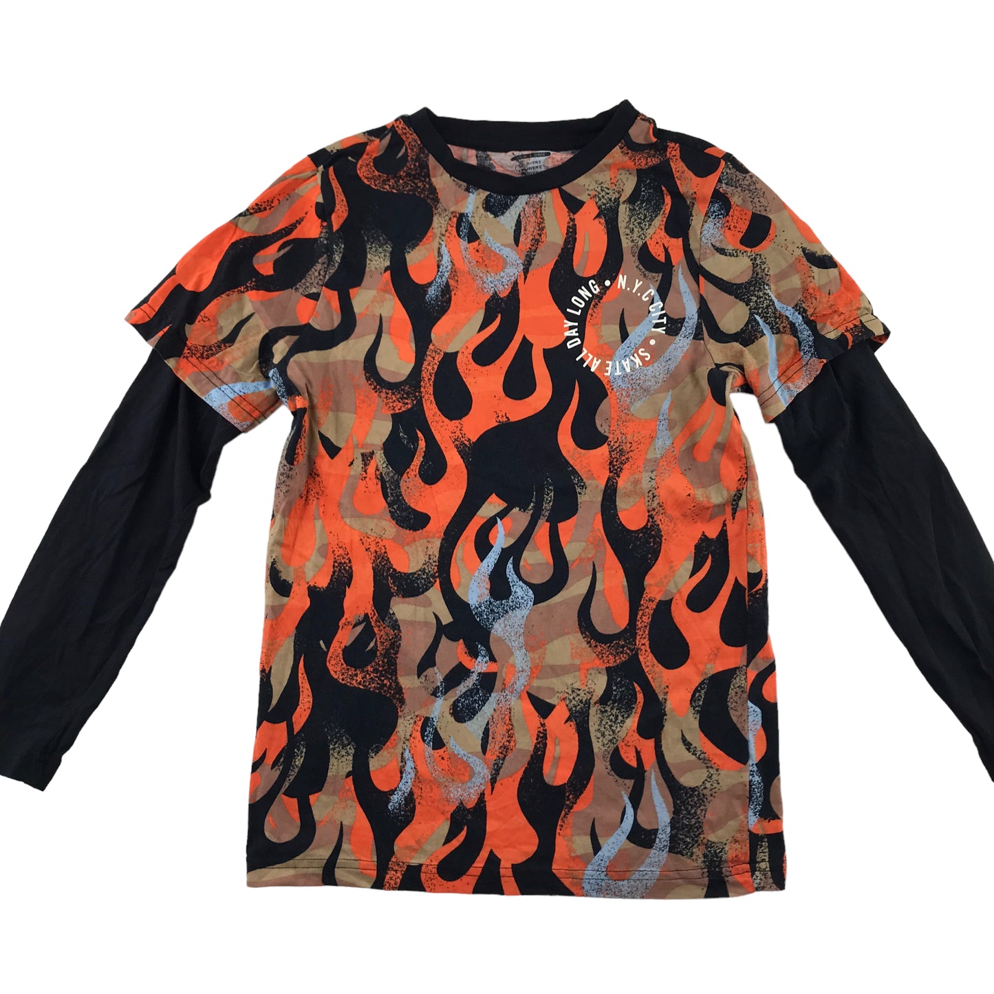 F&F t-shirt 9-10 years orange and black flame pattern long sleeve cotton