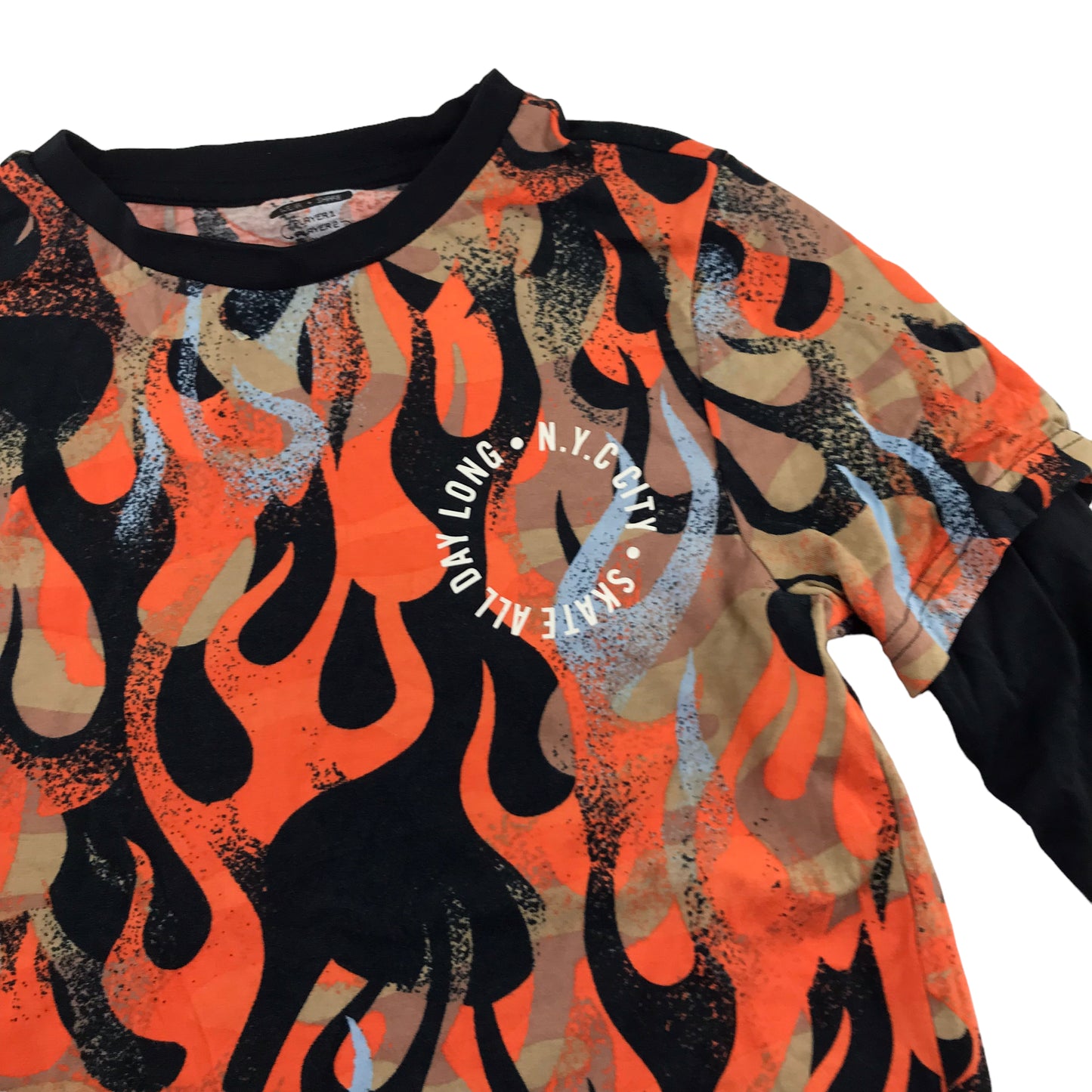 F&F t-shirt 9-10 years orange and black flame pattern long sleeve cotton