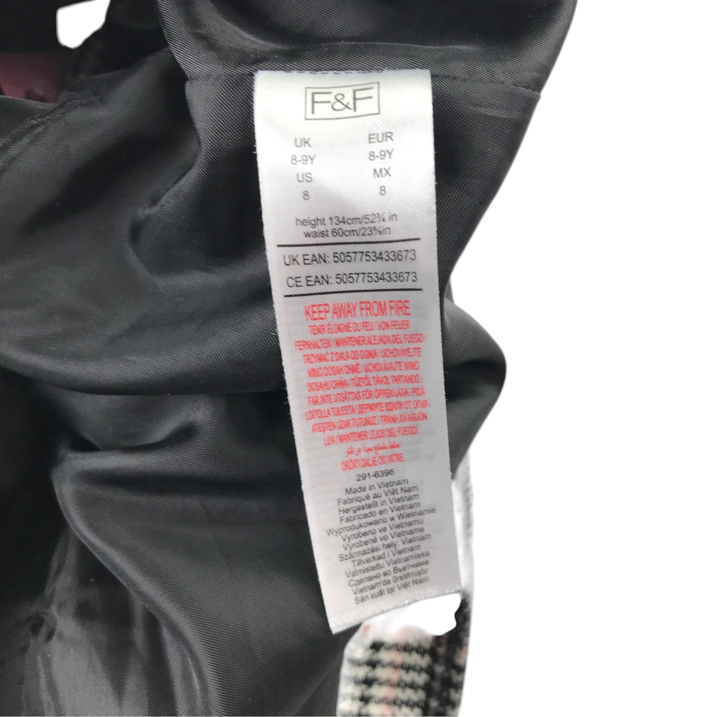 F&F 8-9 years grey check skirt polyester viscose acrylic polyamide