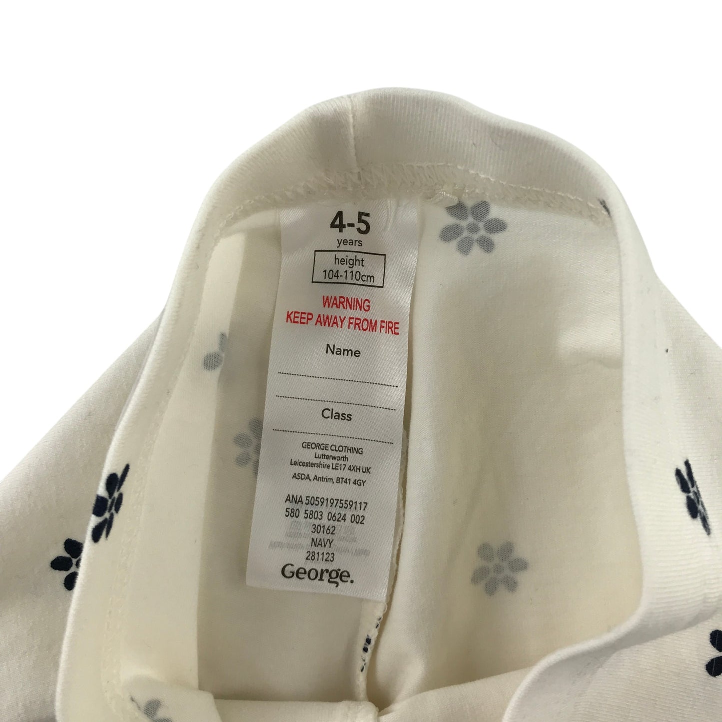 George 4-5 years white and black floral leggings cotton elastane