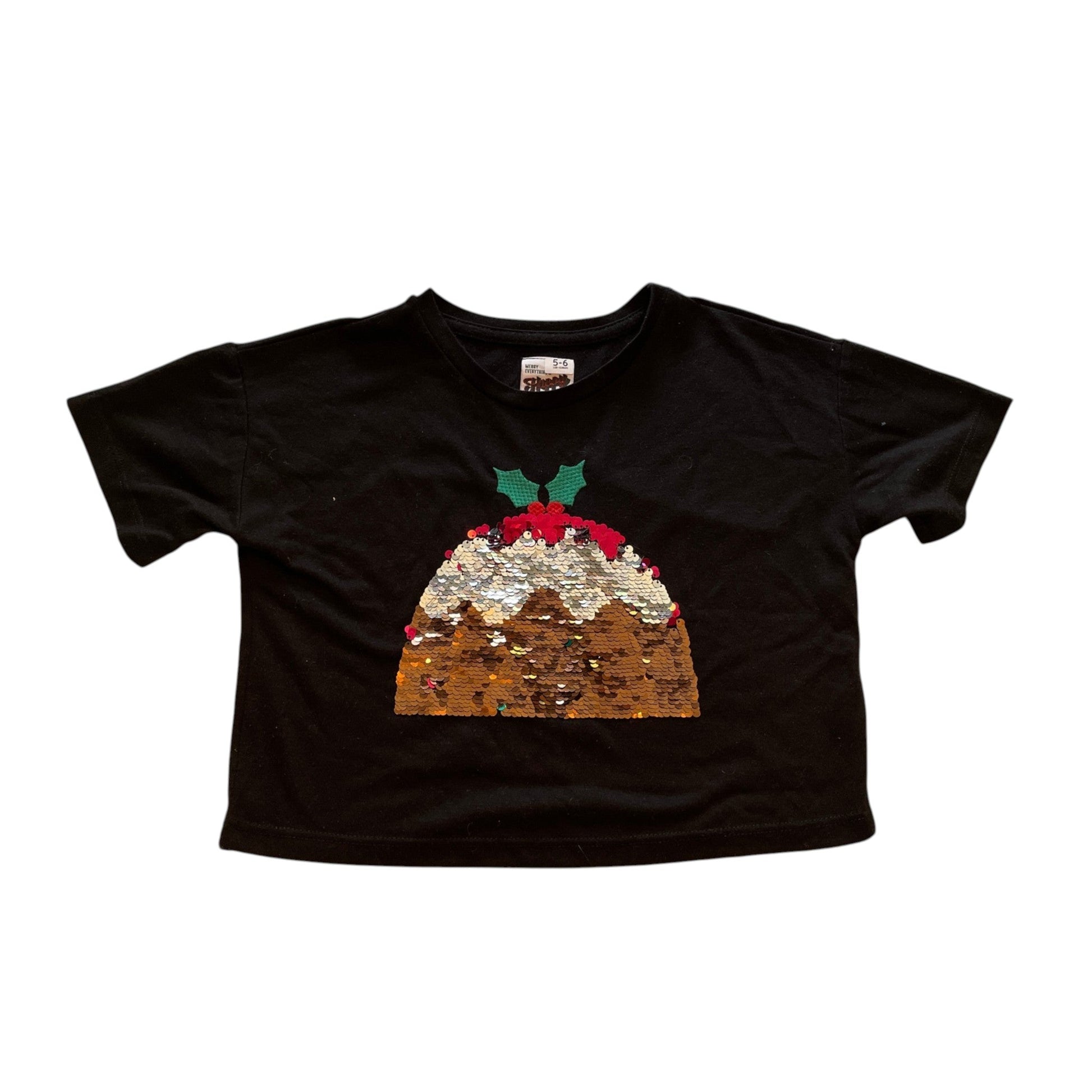 George 5-6 years black cropped sequin Christmas pudding t-shirt polyester viscose