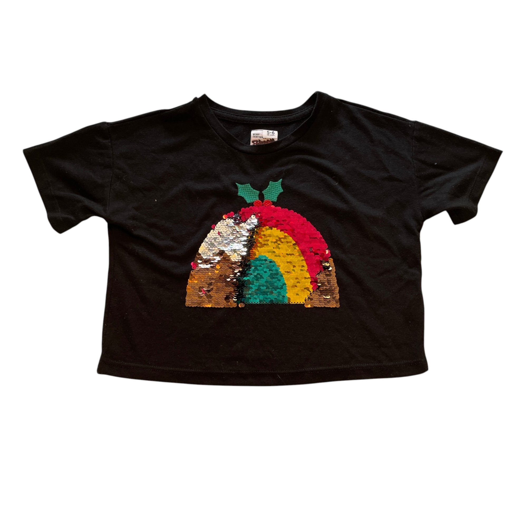 George 5-6 years black cropped sequin Christmas pudding t-shirt polyester viscose