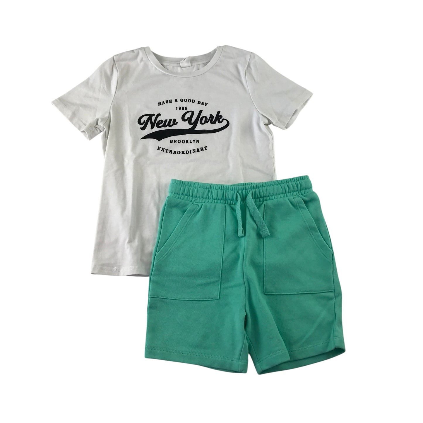George and Shein summer bundle 5-6 years white t-shirt and green shorts cotton polyester elastane