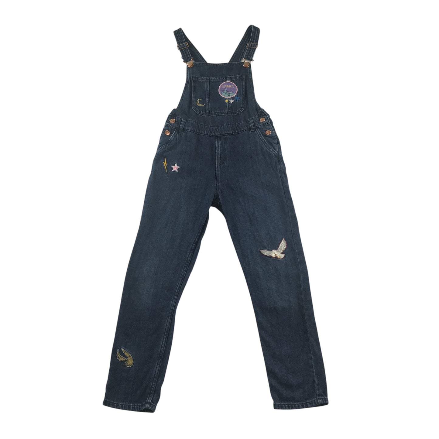 M&S dungaree 10-11 years blue denim with embroidered Harry Potter patches long leg