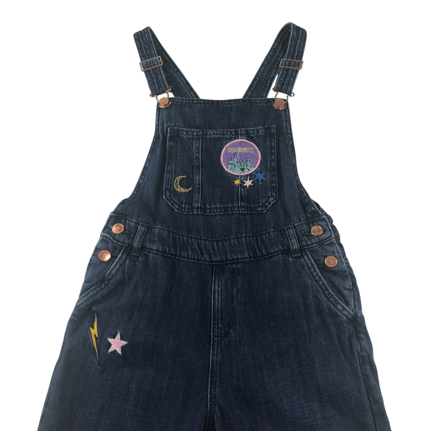 M&S dungaree 10-11 years blue denim with embroidered Harry Potter patches long leg