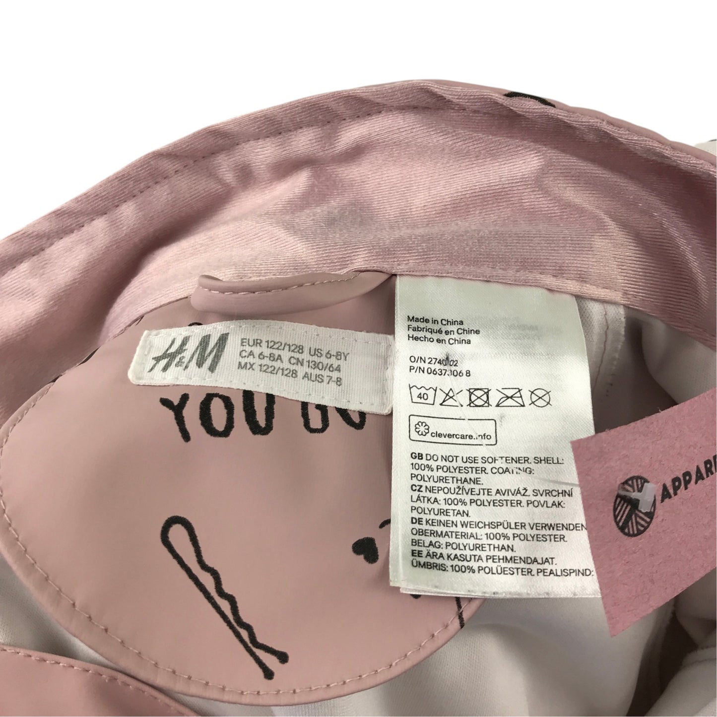 H&M 7-8 years light pink raincoat print pattern polyurethane coated polyester