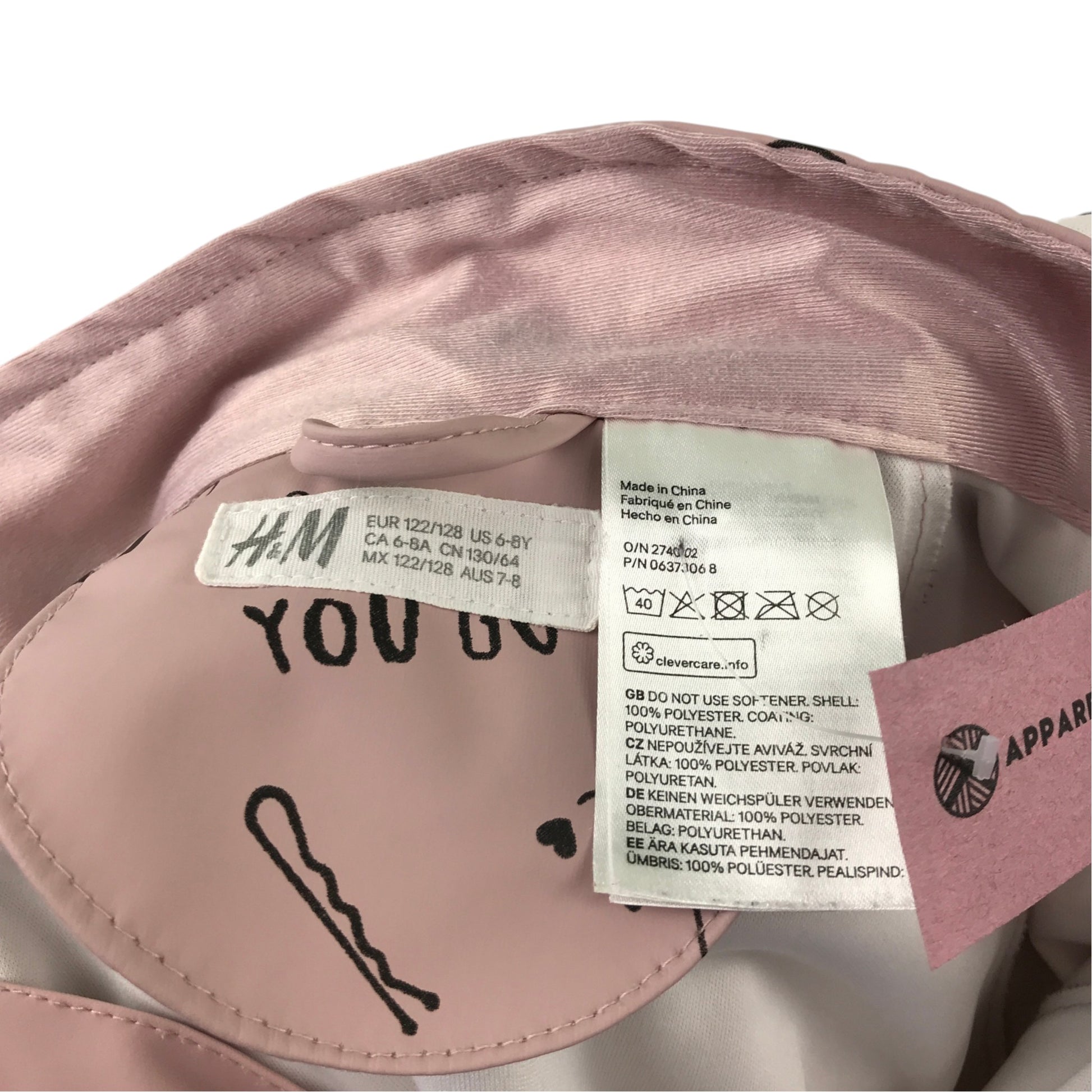 H&M 7-8 years light pink raincoat print pattern polyurethane coated polyester