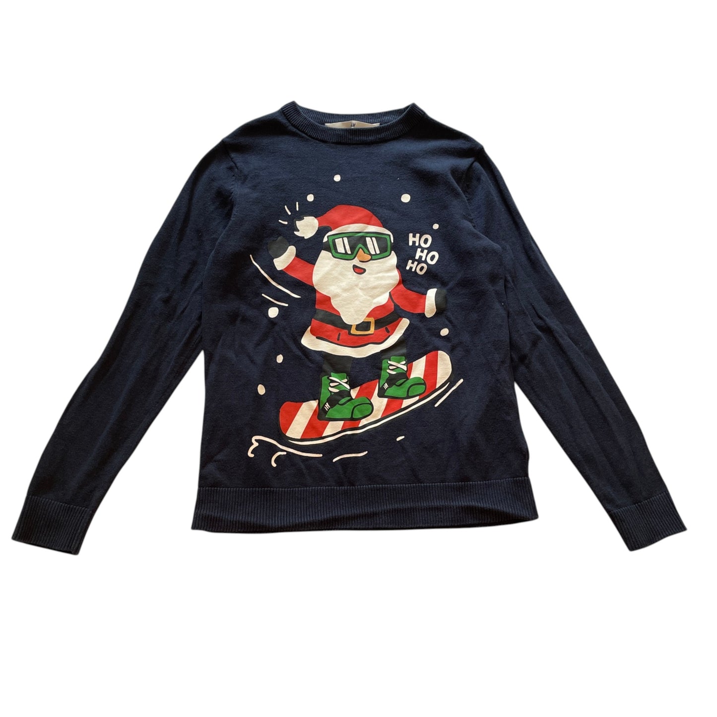 H&M 8-9 years navy blue snowboarding Santa Christmas jumper cotton