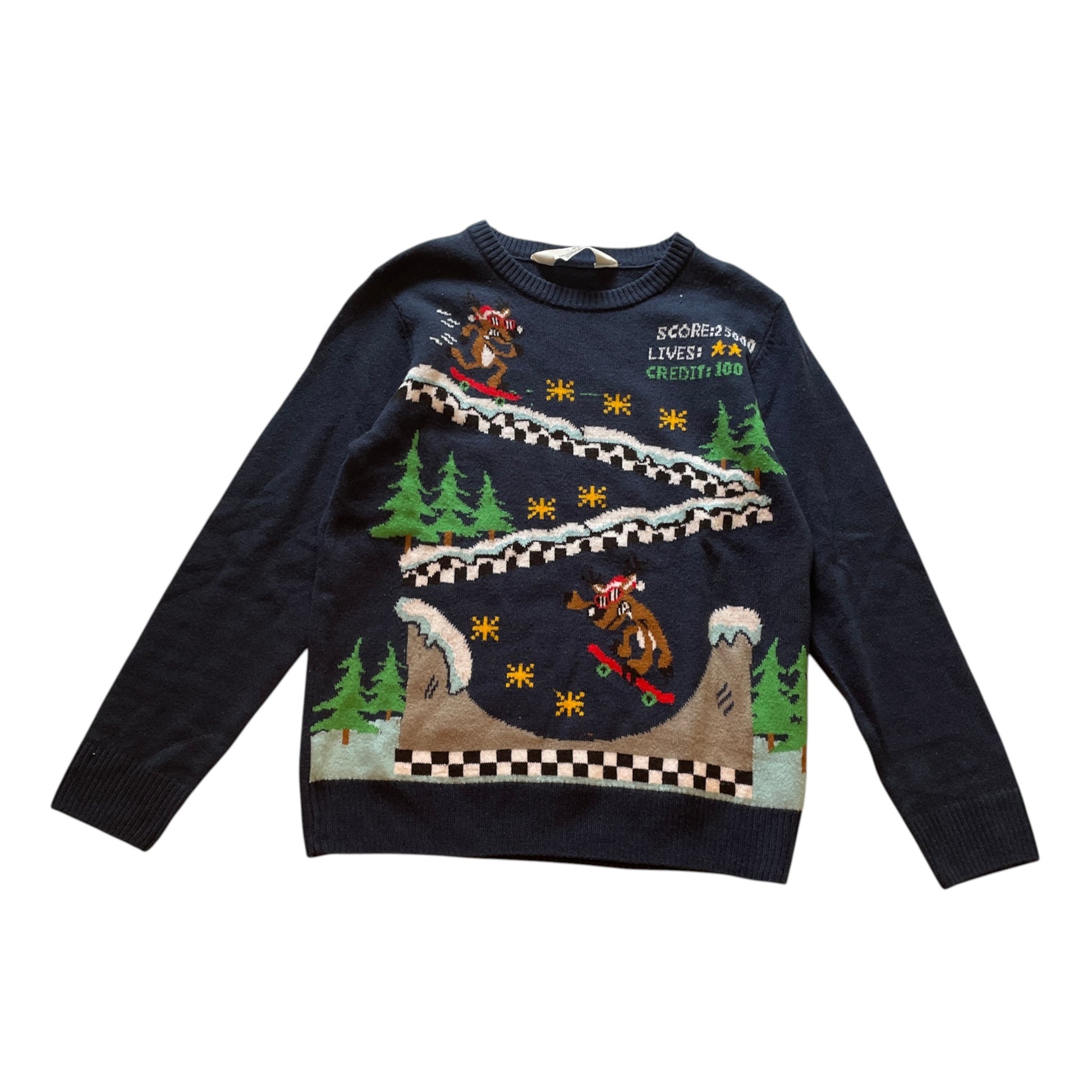 H&M 9-10 years navy blue gamer reindeer Christmas jumper acrylic