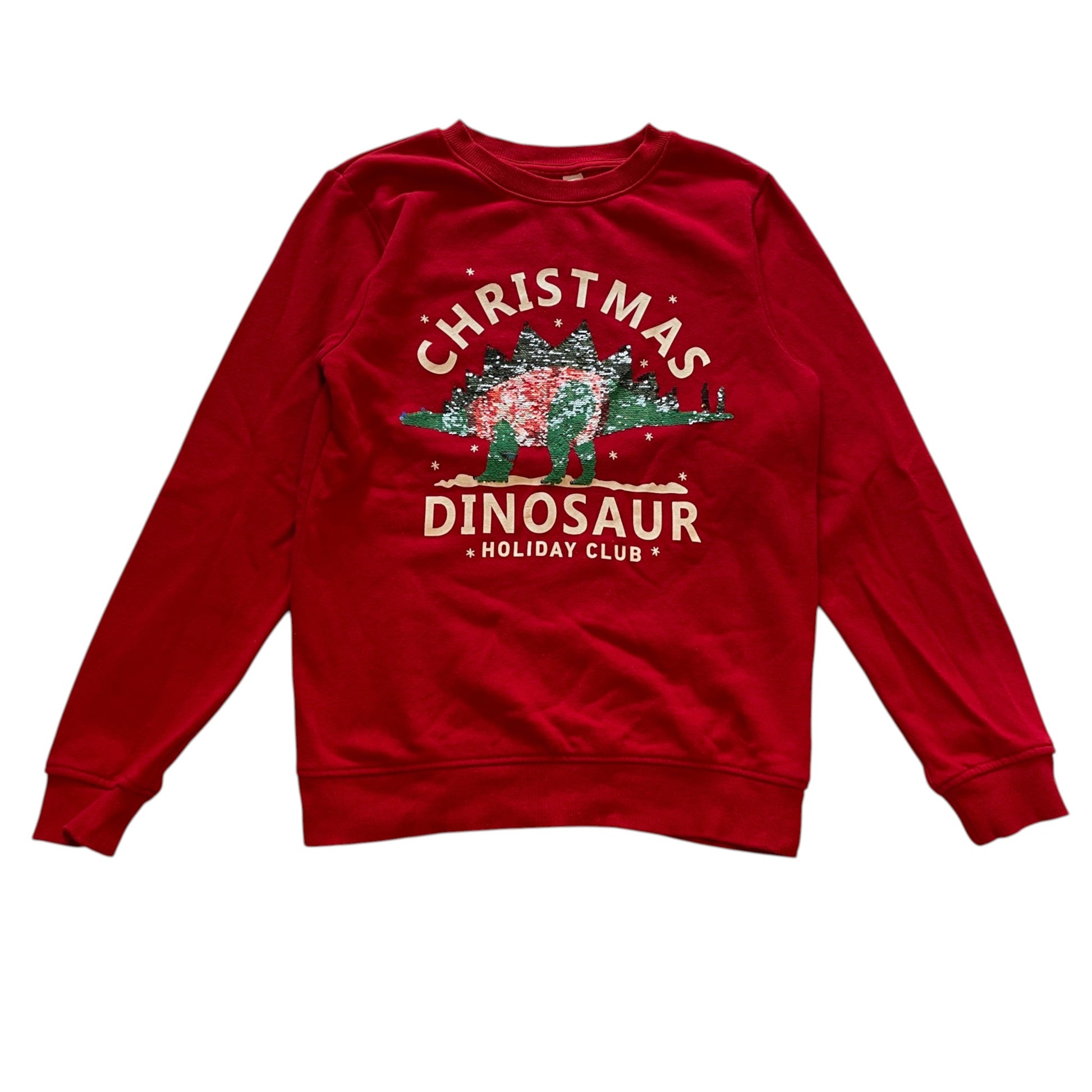 H&M 9-10 years red sequin dinosaur Christmas sweater cotton polyester