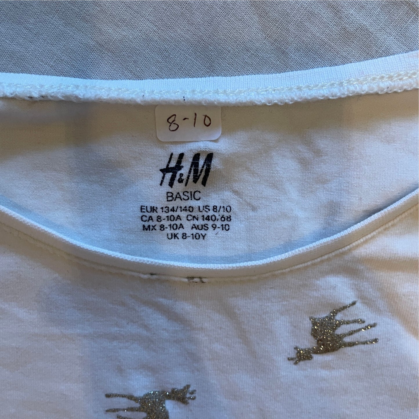 H&M 9-10 years white t-shirt Christmas glitter reindeers cotton elastane