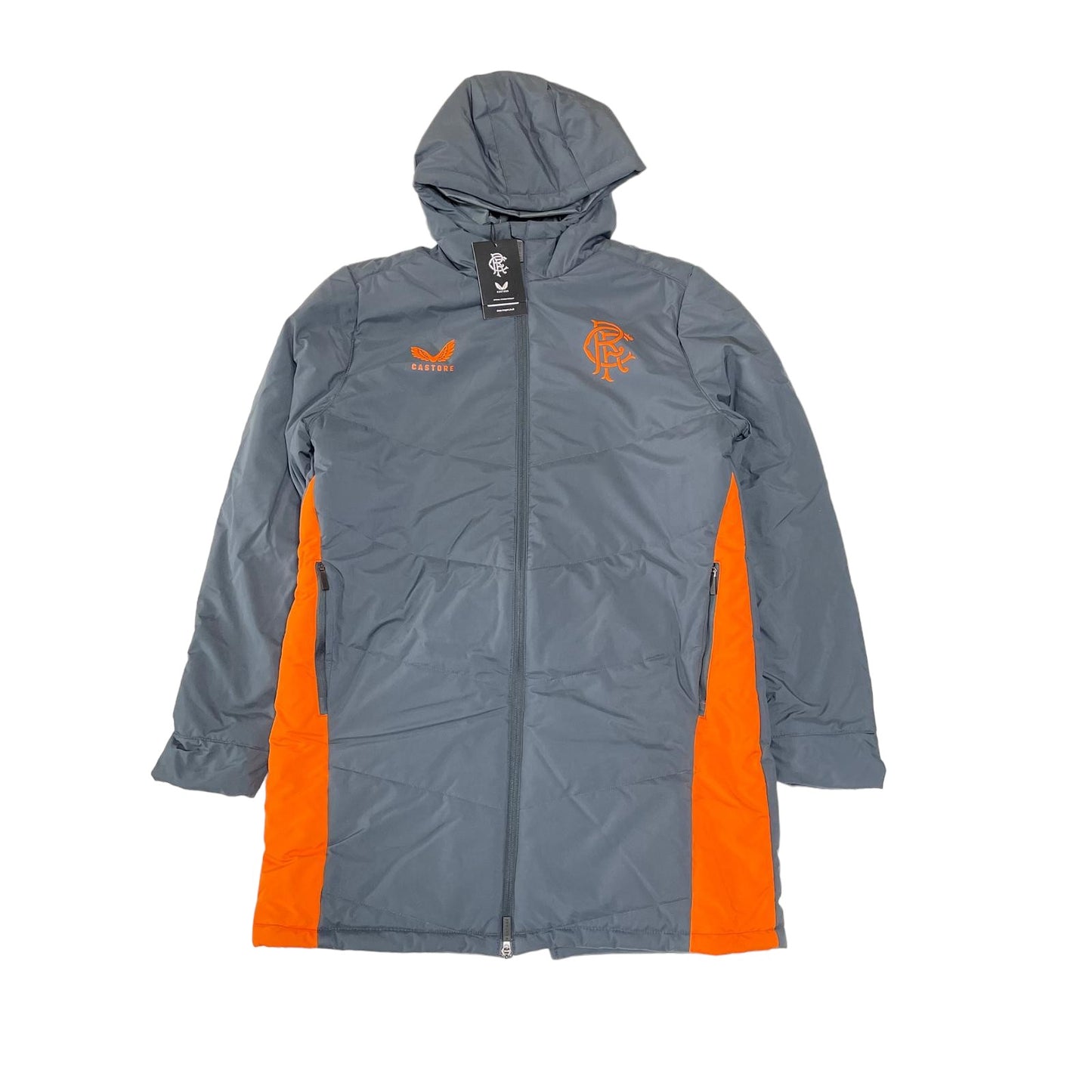 Castore Rangers FC Coaches Long Training Bench Jacket men's size S grey and orange parka