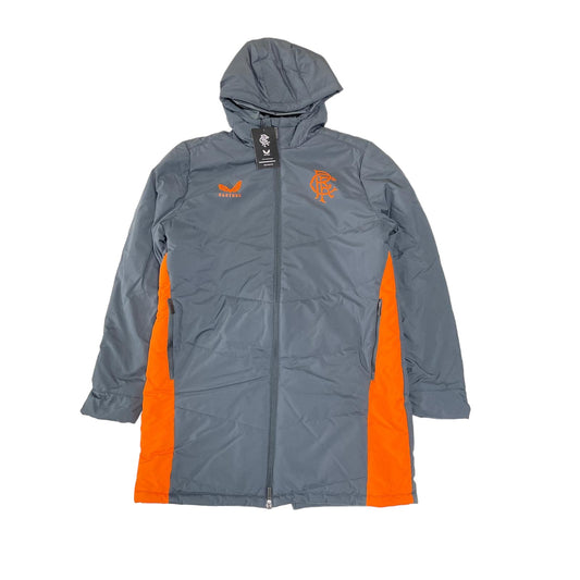 Castore Rangers FC Coaches Long Training Bench Jacket men's size S grey and orange parka