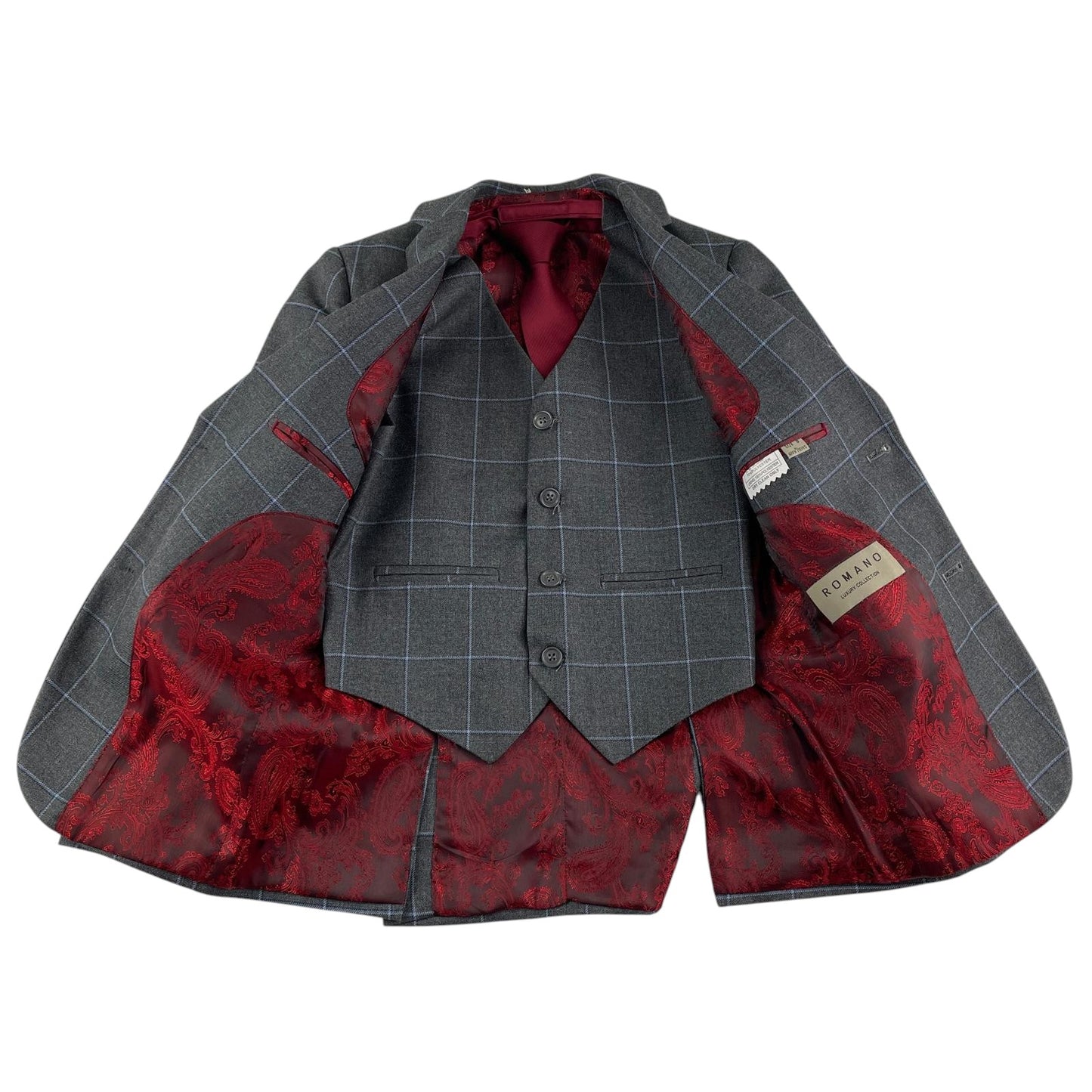 Romano suit 9 years grey check pattern jacket trousers vest and tie