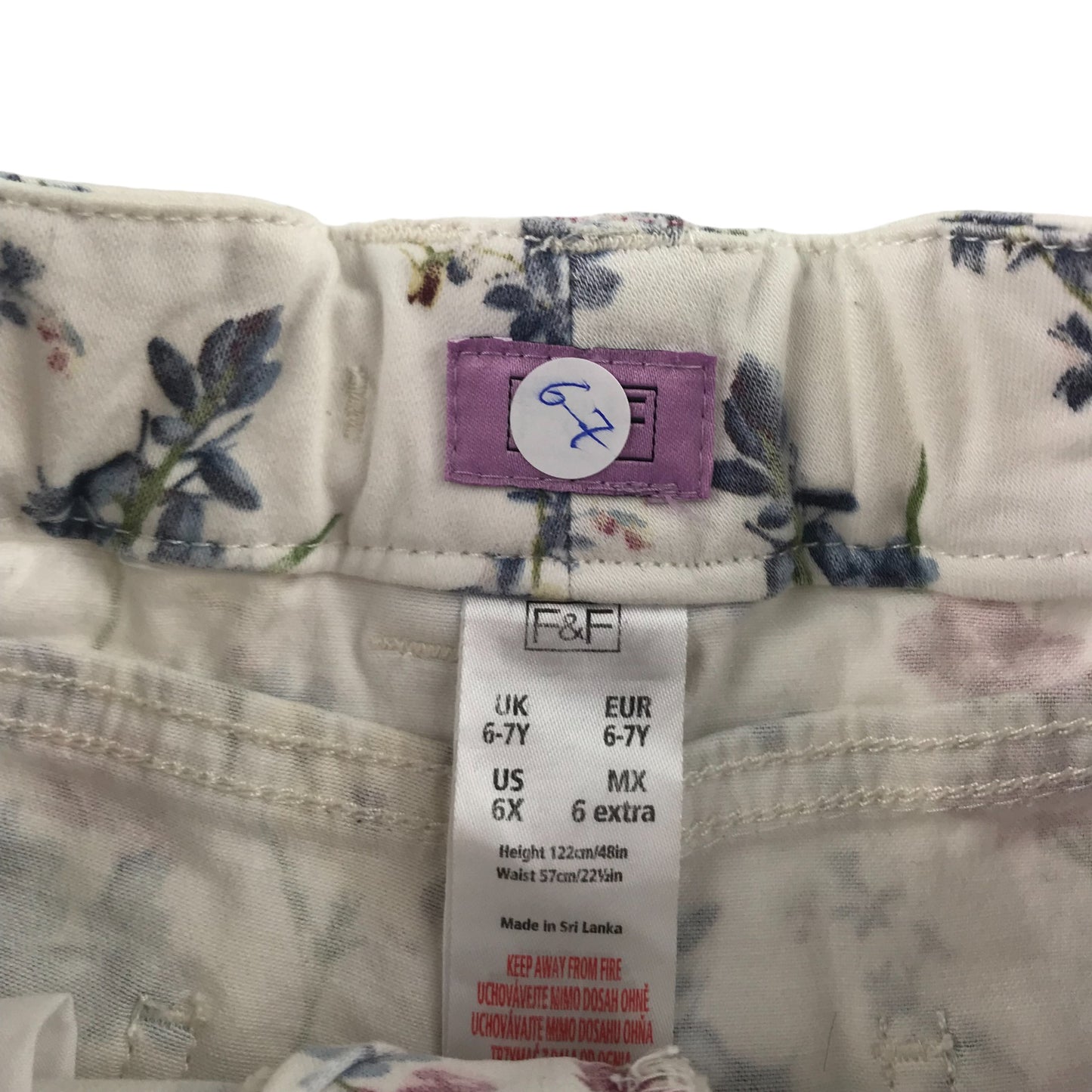 F&F Shorts Age 6 White Floral Print with Love Denim Button